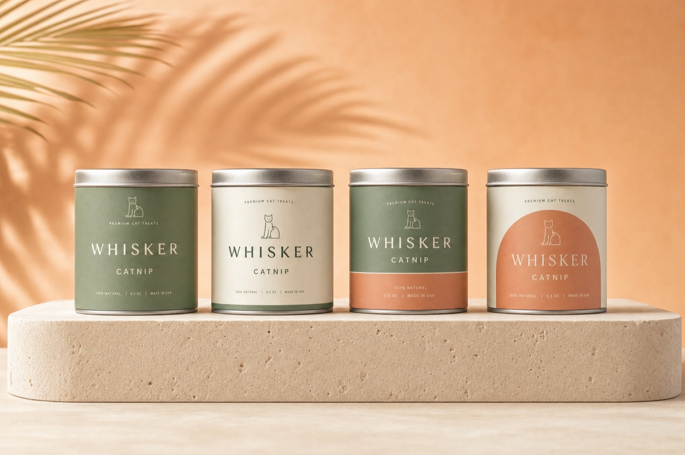 Four label design variations of the same catnip treats tin