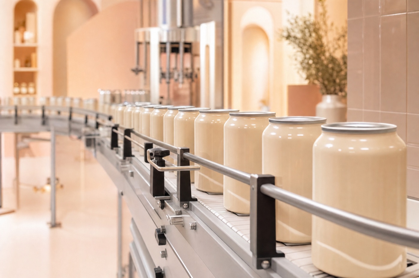 Cream beverage cans on a minimal production line
